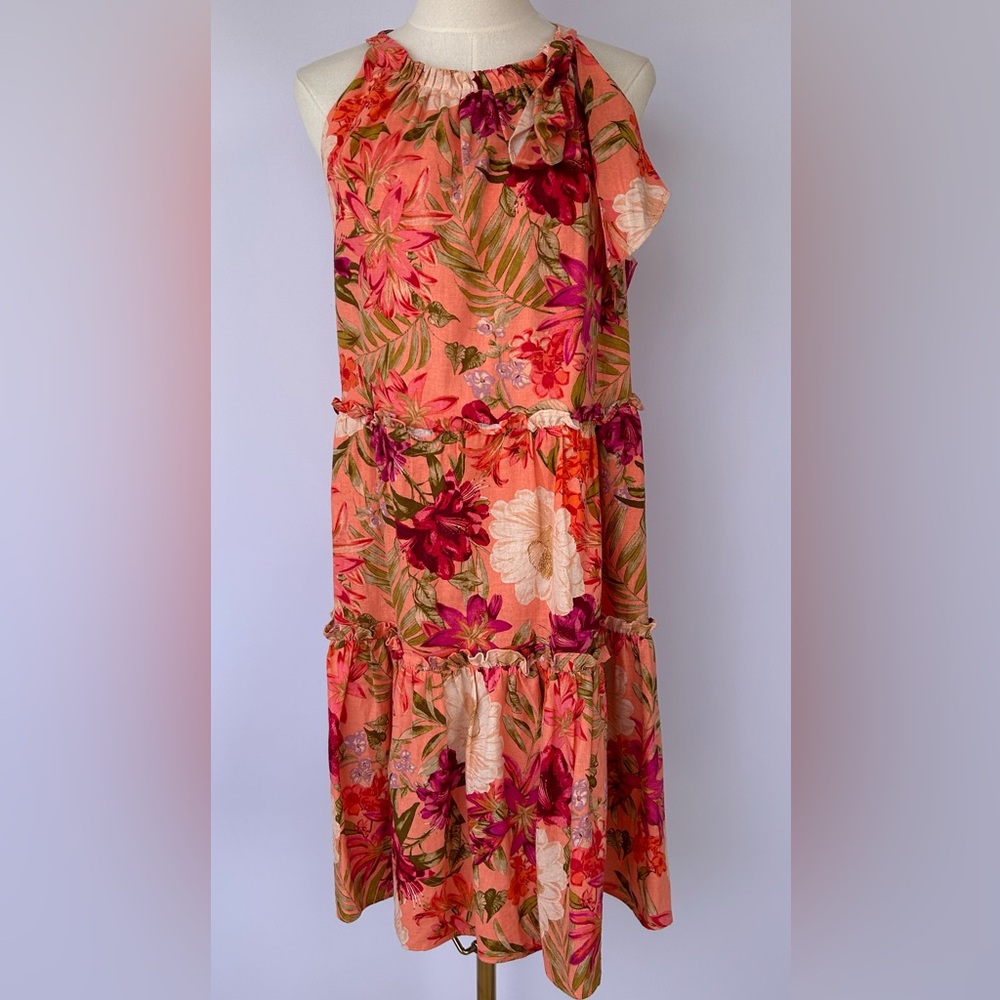 Vince Camuto Women’s Halter Neck Linen Trapeze Dress Tiered Bow Neck Size 16